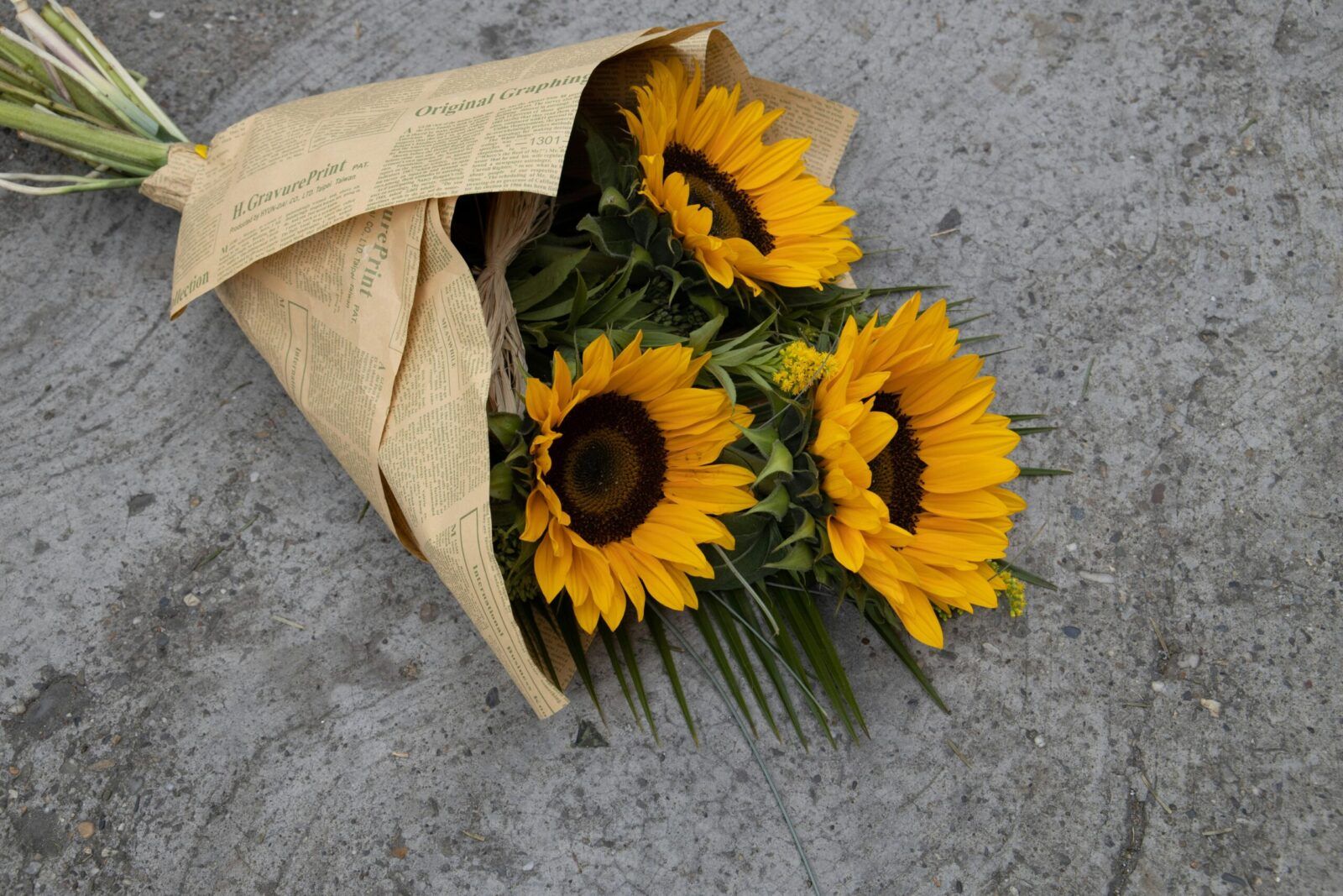 A rustic bouquet of sunflowers wrapped in vintage newspaper on a concrete surface.